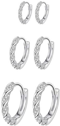 Epoch World 3 Paar Creolen Silber Damen Ohrringe Silber 925 mit Zirkonia Diamant Huggie Schlafen Knorpel Ohrringe Kleine Kreolen Set Klein Creolen Hypoallergene Schmuck Für Damen Frauen Mädchen