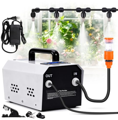 MUALROUS Sistema de pulverización de 24 V, bomba de baja presión, sistema de enfriamiento de niebla con temporizador, 20 boquillas, kit automático de refrigeración por niebla para jardín, terraza