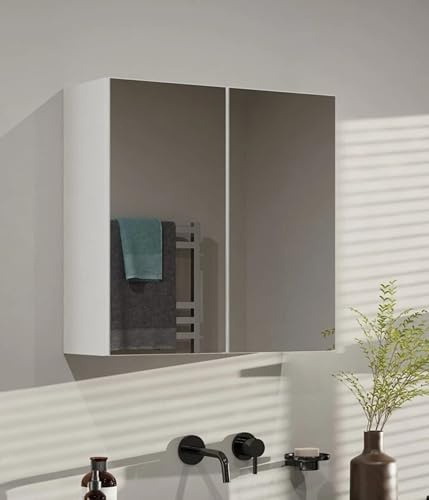Bathroom Cabinet 60x60cm with Mirror, Wall Mounted, 22cm Deep, White | Soft-close doors, 3 shelves, 22cm deep storage, wall mounted, white MDF, 16mm board, made in Poland.