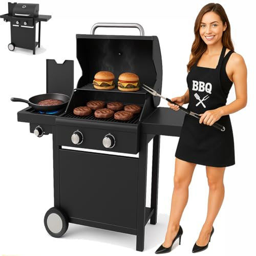 BAKAJI Barbecue Professionale A Gas 2 Fuochi con Doppio Sistema di Cottura Pietra Lavica, Fornello Laterale in Acciaio Smaltato + Sacchetto Pietra Lavica 2 kg Incluso, termometro integrato (Barbecue)