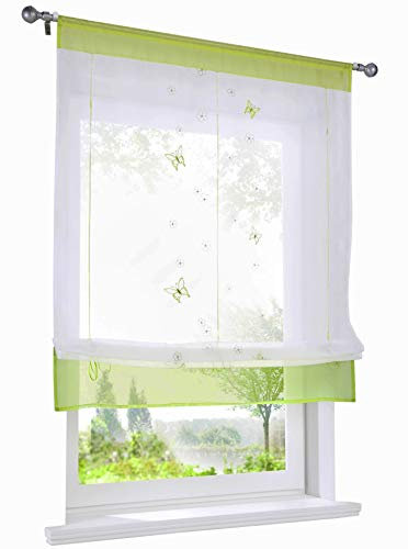 1 Stück Raffrollo mit Schmetterling Stickerei Raffgardine Transparent Voile Tunnelzug Vorhang (BxH 60x120cm, Grün)