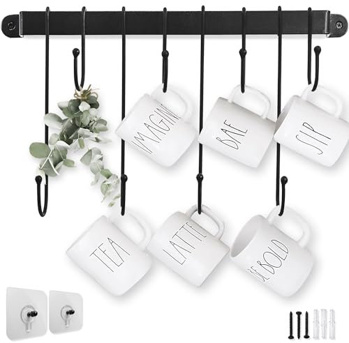 AJART Coffee Mug Rack (17 Inch/Black) Wall Mounted Coffee Cup Holder with Flexible Hooks for Coffee Mugs Teacups Mason Jar Kitchen Utensils, Display Organizer and Storage Hanger