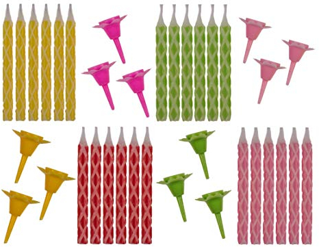 Bunte Geburtstagskerzen - 24 Kerzen mit 12 Haltern - 7 cm hoch - gelb, grün, pink, rot