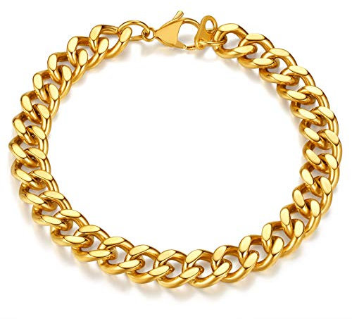 FindChic Armband Herren Gold Panzerkette Armbänder für Herren Edelstahl Glieder Armband für Männer Jungen Armkette Hip Hop Rapper Modeschmuck 9mm Breit, 19cm Lang