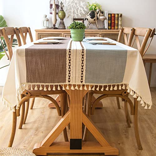 Lifetooler Tischdecke Abwaschbar Baumwolle Leinen Tischtuch Quaste Design Tischdecke staubdicht Rechteckige Tischabdeckung für Home Küche Dekoration(Blau-Kaffee Streifen, 140x260cm)