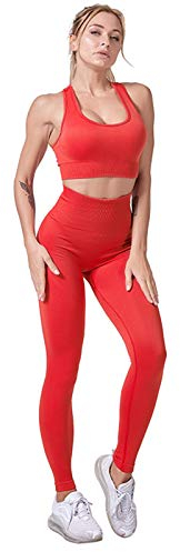 Jamron Damen Stretch Yoga Kleidung Set Sport-BH+Leggings 2PCS Trainingsanzug Gym Fitness Activewear SN071202 Rot S