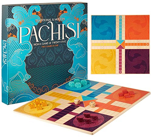 Pachisi: Indiens Spiel der fünfundzwanzig – mit 2-in-1 modernen und traditionellen Regeln – doppelseitiges Brettspiel mit bunten Tierfiguren und Holz-Kaurimuschel – Familienspielabend für 2–4 Spieler