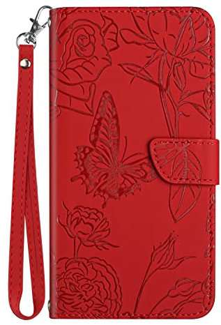Pochette Téléphone Portable pour Nokia XR20,Coque Motif Papillon et Fleur Gaufrage,Étui Bourse Douce Cuir Pliant Antichoc Housse avec Fente Photo et Stand,Rouge foncé