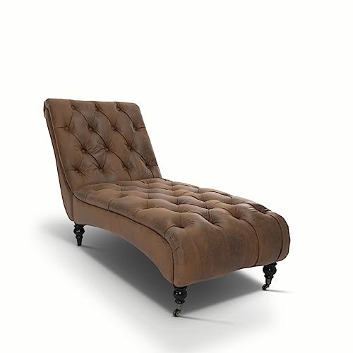 Retro Tufted Chesterfield Brown Faux Leather Suede Indoor Chaise Lounge with Castor Feet - Curved Padded Accent Lounge Chair for Hallway Living Room Bedroom, Hall - End of Bed & Window Bench Seat
