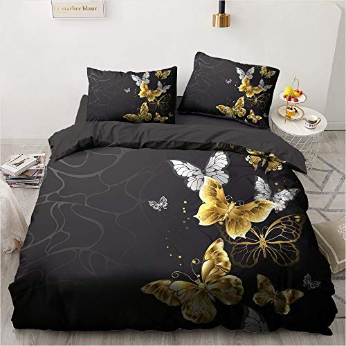 Luowei Schmetterling Bettwäsche 155x220cm Schwarz Gold Butterfly Muster Bettbezug Set Microfaser Wendebettwäsche mit Reißverschluss und 2 Kissenbezüge 80 x 80 cm