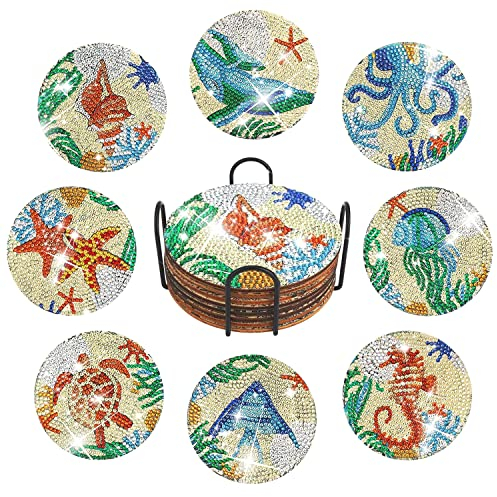 Ronronner Diamond Painting Untersetzer, 8er Diamond Painting Coaster, DIY 5D Keramik Untersetzer, Boho Deko Untersetzer Holz Mit Halter, Kerzen Untersetzer Ist Geeignet FüR GläSer WeingläSer - Ozean