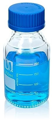 ALWSCI 250ml Graduated Glass Round Media Storage Bottle with blue GL45 Screw Cap, 3.3 Borosilicate Glass, Wide Mouth Lab Reagent Bottle, Pack of 1
