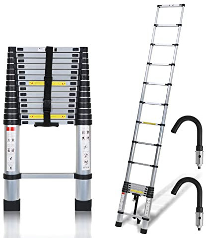 Jopassy Teleskopleiter, Rutschfester Aluminium Stehleiter, 150 kg/330 Pfund Belastbarkeit Ausziehbare Leiter, Aluminiumleiter mit Tragegriff, Mehrzweckleiter (A-4.4M mit Haken)