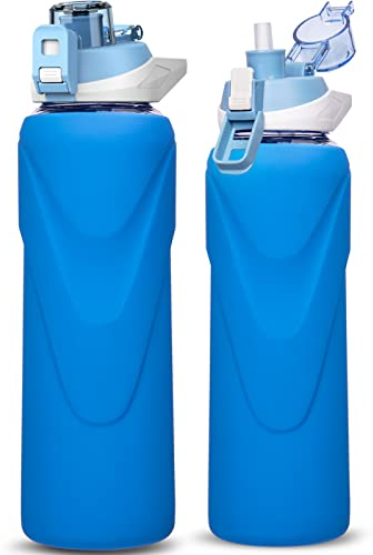 DEARRAY 1l Sport Trinkflasche Glas Flasche mit Strohhalm 1 liter auslaufsicher bpa frei Gym Wasserflasche mit Silikonhülle für Smoothie, Früchte Kohlensäure geeignet (Dunkelblau)