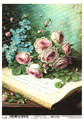 Josys Bastelmärchen Reispapier A4 Strohseide Decoupage Vintage Blumen Notenbuch Brief RE1157