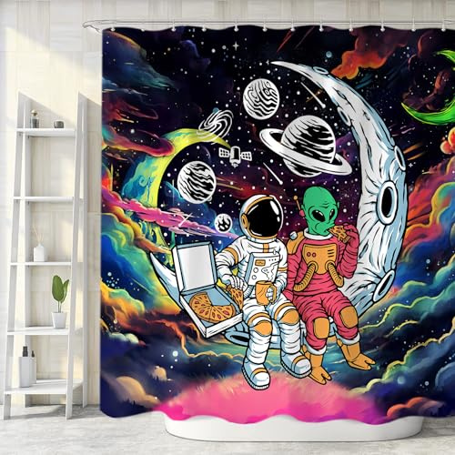 Sanzugh Rideau de douche rigolo amusant en tissu avec crochets - 183 x 183 cm - Motif astronaute et astronaute - Pour salle de bain