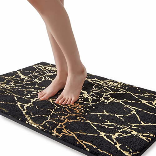 QJHOMO Black Long Bath Mat 60 x 120 cm Large Bathroom Mat Non Slip Bath Mats Gold Stripes Marble Rug Absorbent Microfiber Bathroom Rug Machine Washable Floor Carpet for Shower, Living Room, Bedroom