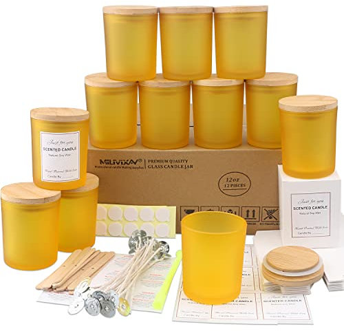 MILIVIXAY Paquete de 12 tarros de cristal amarillo mate de 12 onzas con tapas y kits de fabricación de velas, tarros vacíos a granel para hacer velas, recipientes de especias y polvo.