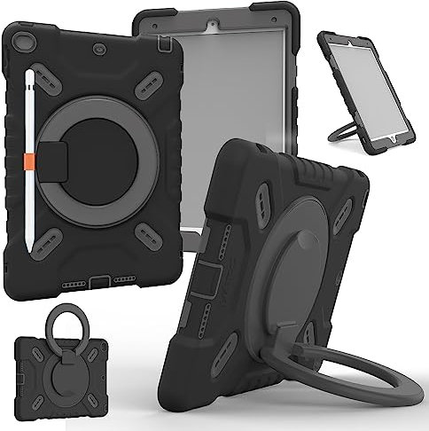 NLR FUN Custodia Antiurto a 4 Strati per iPad 9°/8°/7° (iPad 10.2 2021/2020/2019) e iPad Air 3° (iPad Air 2019 da 10,5), Cover Protettiva per iPad con Cavalletto/Manico, Portamatite, Tracolla (Nero)