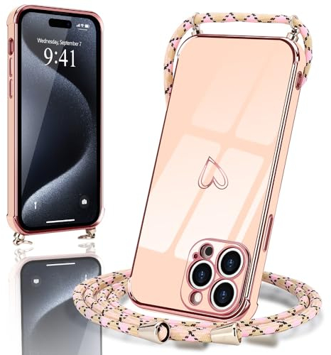 Micoden Handykette kompatibel mit iPhone 15 Pro hülle Ultra dünn Kameraschutz Herz Love Design Galvanik Silikon Bumper Case Kordel zum Umhängen Handyhülle mit Band Schutzhülle,Rosa