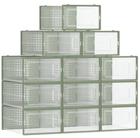 SONGMICS Cajas de Zapatos Plástico, Juego de 12 Organizadores de Almacenamiento, Caja Zapatero Plástico Plegable y Apilable para Zapatillas hasta talla 44, Transparente y Verde Laurel LSP12SG30
