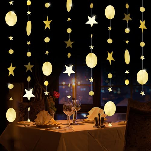 FainFun 4 Stück 4m Papier Girlande Sterne, Glitzer Girlande, Romantische Stern Girlande, Papier Girlande Glitzer Runde Kreis Banner für Party, Geburtstage, Hochzeiten, Feiertagsdekorationen
