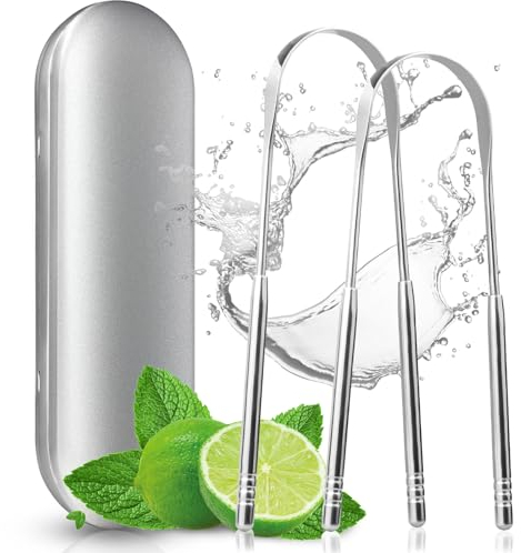AWUMBUK Tongue Scrapers for Adults, Toungescraper 2 Tongue Scraper with Case Stainless Steel Tongue Cleaner Set Bad Breath Treatment for Adults and Children
