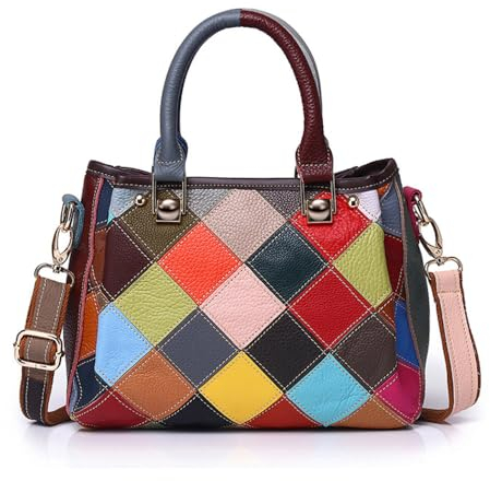 Segater Damen Multi-color Tote Bunte Top-Handle Tasche Echtes Leder Geldbörse Zufällig gespleißte Umhängetasche Weihnachten Handtasche Shopper Schulranzen