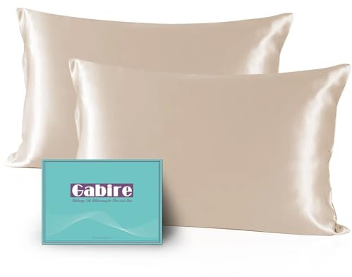 Gabire Maulbeerseide-Kissenbezüge, 2er-Set, beidseitig echte Seide, Kissenbezug für Haar und Haut, beugt Akne, Kissenbezug aus Bio-Seide, 2 Stück mit verstecktem Reißverschluss, Champagner, Queen
