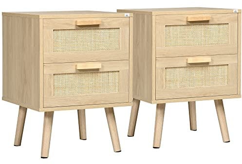 HOMCOM Conjunto de 2 Mesitas de Noche de Diseño Boho Mesillas de Noche con Cajones de Rejilla de Mimbre y Patas de Madera para Salón Dormitorio 40x40x56 cm Natural