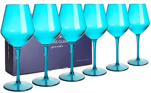 HAHASHOW Incassable Verres à vin coloré 100% Tritan-Plastique Verres à vin 440ml Verres à Boire pour Le Parti Lot de 6, Bleu Clair