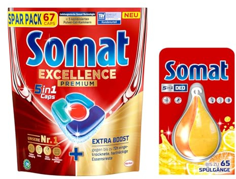 SOMAT 4in1 Caps 2x67 (134) AW Excellence, schnellauflösende Spülmaschinentabs, entfernen selbst hartnäckige Essensreste + Somat Duo Power Experten Deo Perls 60 AW Zitrone & Orange Duft 17g