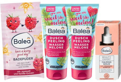 Balea 4er-Set Hautpflege: Badepuder HAVE A BERRY GOOD DAY mit Vanille-Extrakt (60 g) + Duschpeeling WASSERMELONE (2 x 200 ml) + Beauty Expert CALMING SERUM mildert Hautirritationen (30 ml), 430 ml