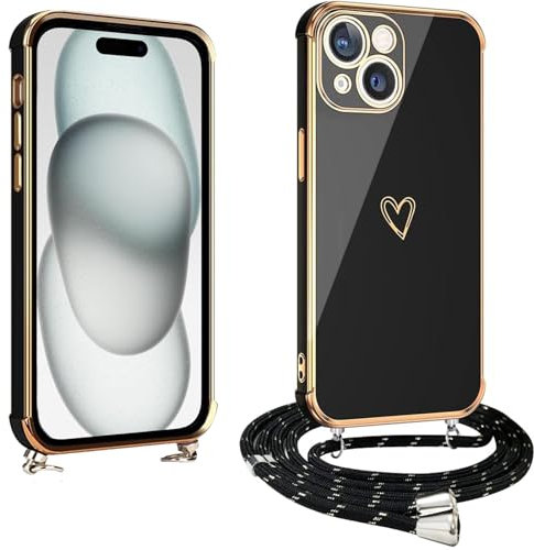 vumebao Coque pour iPhone 15 avec Cordon, Silicone Souple Étui en Motif Coeur avec Réglable Collier Chaîne Case pour iPhone 15 Coque Antichoc, Protection Complète Bumper 15 Coque-Noir