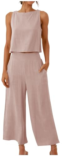 AEGJEGVD 2 Teiler Hosenanzug Damen Elegant Zweiteiler Outfit Einfarbig Ärmelloses Tank Top und Hose Trainingsanzug Sommer Baumwolle Leinen Freizeitanzug mit Taschen Sportanzug Leicht Loungewear 2024
