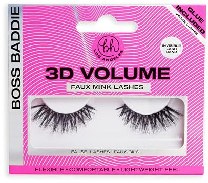 BH Los Angeles 3D Faux Mink Volume Lashes, Easy To Use Eyelashes, Extra Volume, Glue Included, Boss Baddie