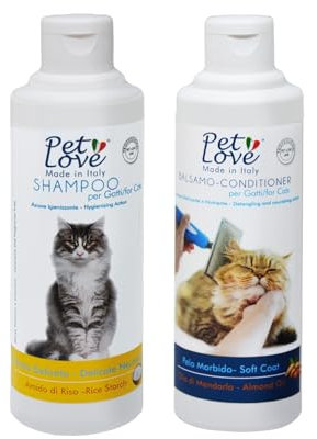 Pet Love Shampoo e Balsamo per Gatti Delicato con Azione Nutriente e Igienizzante - Districante per un Pelo Morbido e Luminoso - Set 2 x 250 ml
