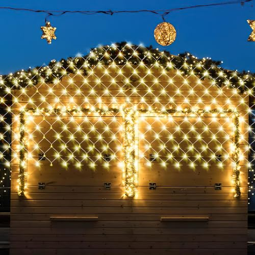 Eulenke lichternetz außen & innen 4.5x1.6m, 300 LEDs Warmweiß lichternetz mit 8 Modi + Memory-Funktion, IP44, zur Dekoration von Balkonen, Gärten und Häusern verwendet werde