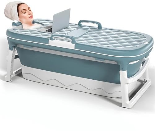 Warmiehomy Bañera plegable grande portátil, baños gruesos y independientes, bañera de masaje con tapa, bañera de sauna para el hogar para adultos y niños, azul