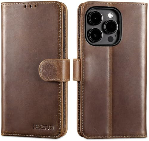LENSUN Leather Case for iPhone 15 Pro, Genuine Leather Case, Stand Function, RFID Blocker, Card Slot, Vintage Dark Brown