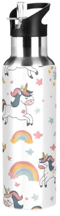 OWFKAY Bottiglia d'acqua Thermos in acciaio inox isolato sottovuoto con manico in cannuccia coperchio a prova di perdite bottiglie sportive in metallo termico unicorno arcobaleno