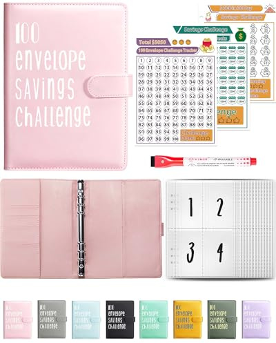JEJA 100 Ordner Saving Challenge, Budget Planner, sparen 5050€, Sparbuch für Geld Sparen Challenge, Budgetblättern, Etikettenaufklebern, löschbarer Stift, Rosa