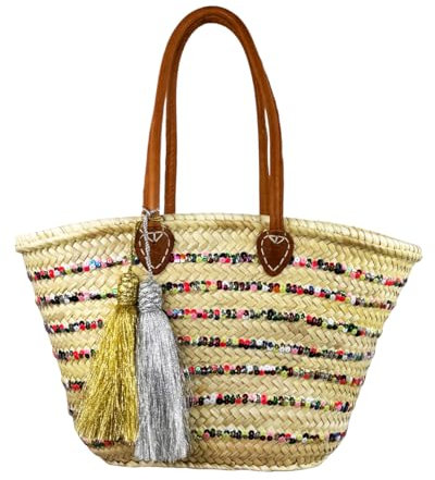 itsisa Korbtasche Strandtasche Bunte Pailletten & Quaste - Shopper, Einkaufskorb, Flechtkorb