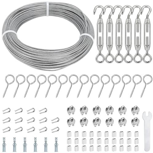 TooTaci 2mm Garden Wire for Climbing Plants, 50M Stainless Steel Wire Kit with PVC Coating and Turnbuckles, Perfect for Outdoor String Lights, Trellis, and Fences