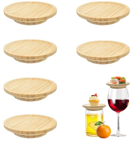 TTQiAnJ 6 Stück Weinglas Topper Bambus,Charcuterie Brett Topper,Weinglas Aufsatz Vorspeisenteller Holz für Desserts Vorspeise Partyzubehör,10cm Durchmesser