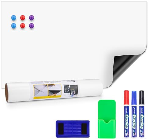 JEFURE Magnetische Whiteboard Folie, 30×50cm Magnetfolie Selbstklebend, Abwischbares Whiteboard Magnetisch mit Marker und Schwamm, DIY Magnettafel für Glatte Oberflächen in Schulen, Büros und Haus