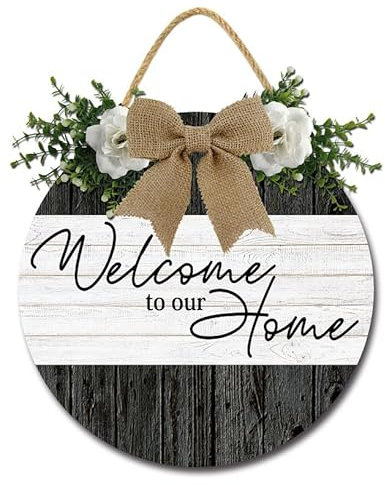 Geroclonup Welcome to Our Home Front Door Sign Farmhouse Wreath Wall Decor Rustic Wooden Door Hanger Porch Decor Front Door Wreaths for Home Entryway Wall Decor 28cm