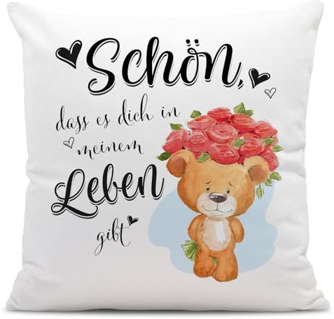 Tassenbrennerei Kissen - Schön, DASS es Dich in Meinem Leben gibt! - Liebeskissen mit Spruch Ich Liebe Dich - Geschenk für Freund, Freundin zum Jahrestag, Geburtstag, Valentinstag für Frauen & Männer