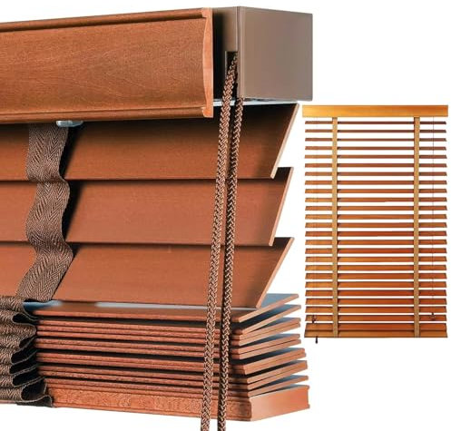 Holzjalousie Innen, Holz Jalousie Sichtschutz, Verdunkelungs Sonnenschutz Jalousien, 5cm Lamellen Horizontal Jalousette für Fenster(Brown)