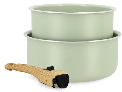 MENASTYL - Lot de 2 casseroles amovibles revêtement antiadhésif céramique sans PFAS/PTFE - 2 casseroles 16/18cm et 1 poignée - Tous feux dont induction – Alu recyclé Céladon - 6020628